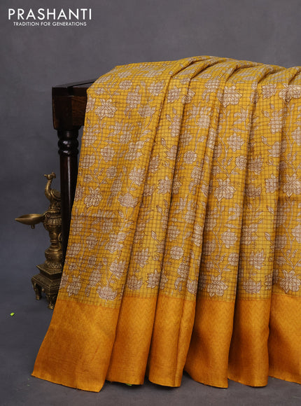 Pure tussar silk saree mustard yellow with allover floral prints and printed border