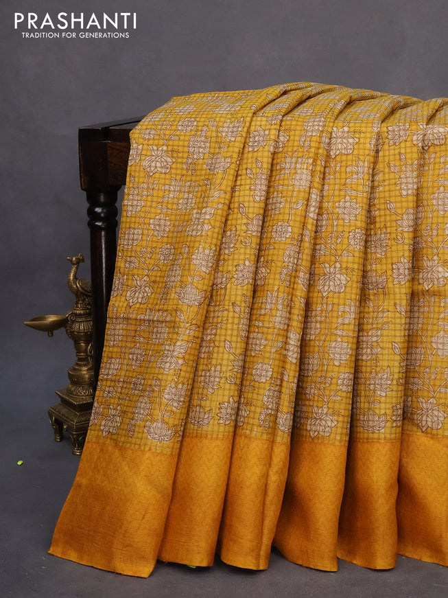 Pure tussar silk saree mustard yellow with allover floral prints and printed border