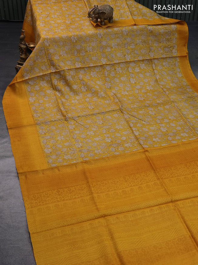 Pure tussar silk saree mustard yellow with allover floral prints and printed border