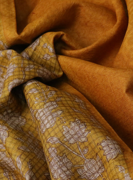 Pure tussar silk saree mustard yellow with allover floral prints and printed border