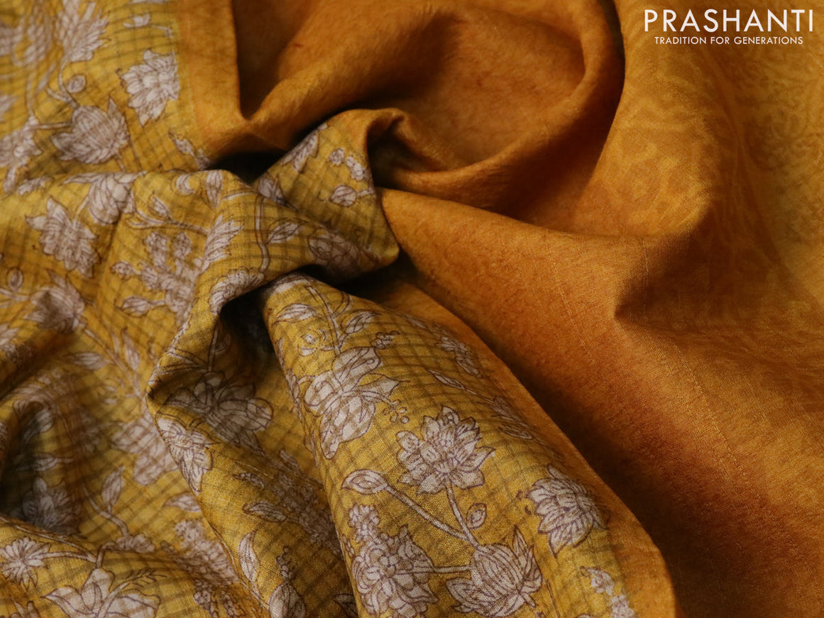 Pure tussar silk saree mustard yellow with allover floral prints and printed border