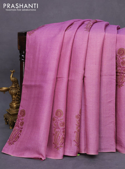 Pure tussar silk saree mauve pink and maroon with floral butta prints in borderless style