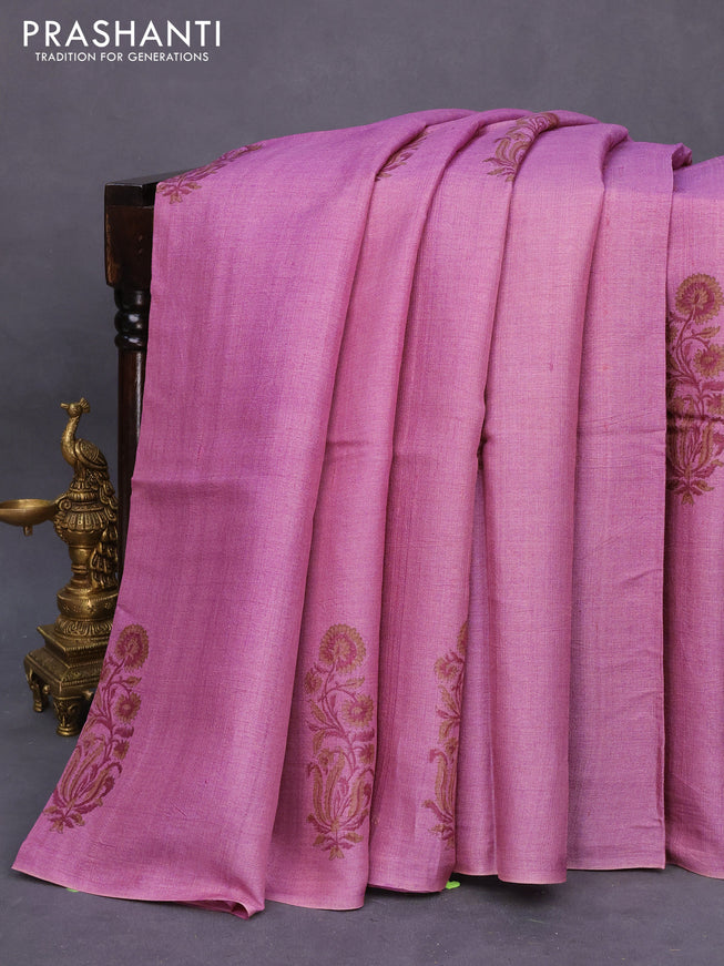 Pure tussar silk saree mauve pink and maroon with floral butta prints in borderless style