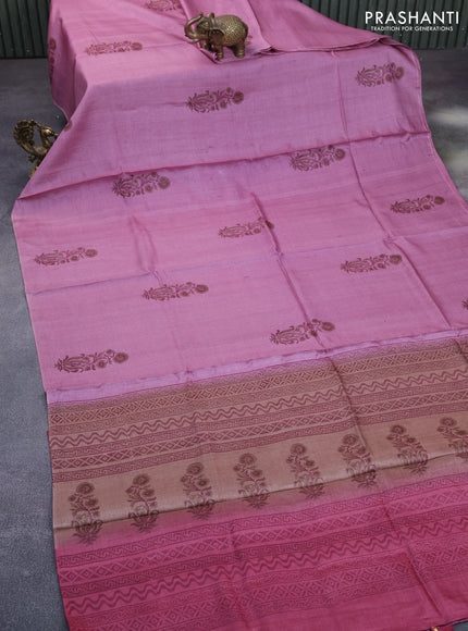 Pure tussar silk saree mauve pink and maroon with floral butta prints in borderless style