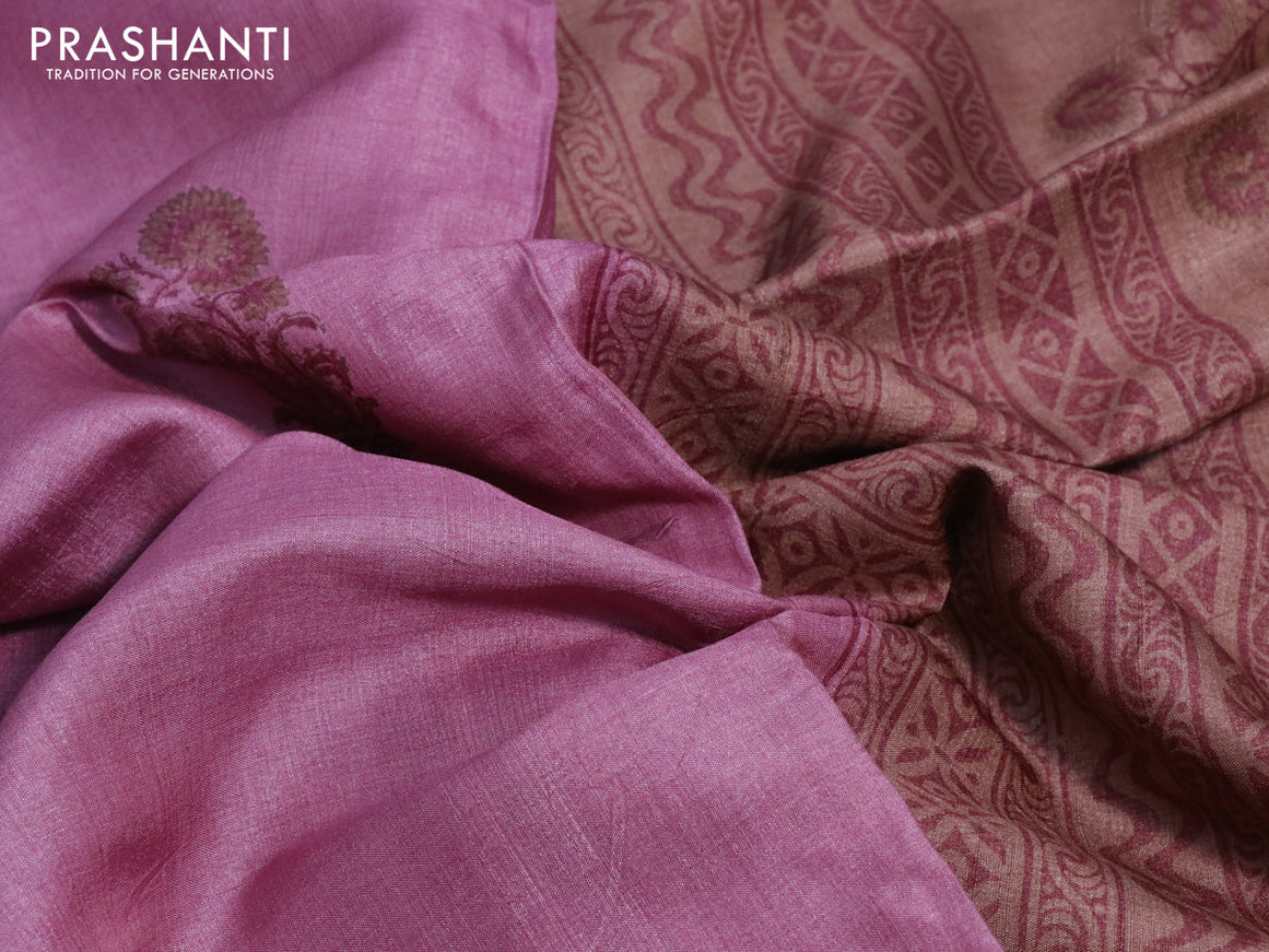 Pure tussar silk saree mauve pink and maroon with floral butta prints in borderless style