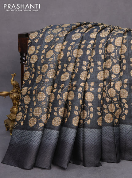 Pure tussar silk saree black and grey with allover floral prints and printed border