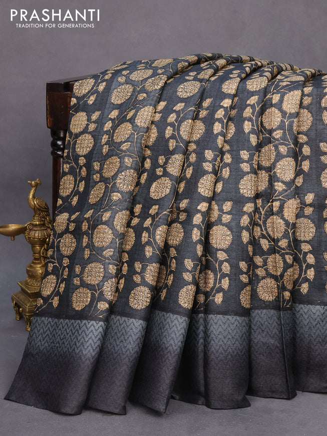 Pure tussar silk saree black and grey with allover floral prints and printed border