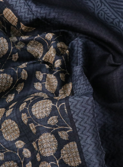 Pure tussar silk saree black and grey with allover floral prints and printed border