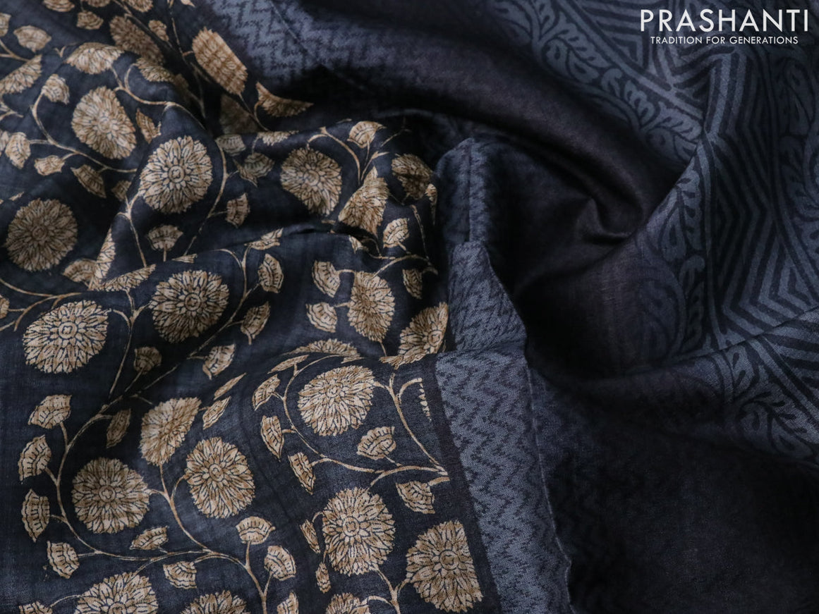 Pure tussar silk saree black and grey with allover floral prints and printed border