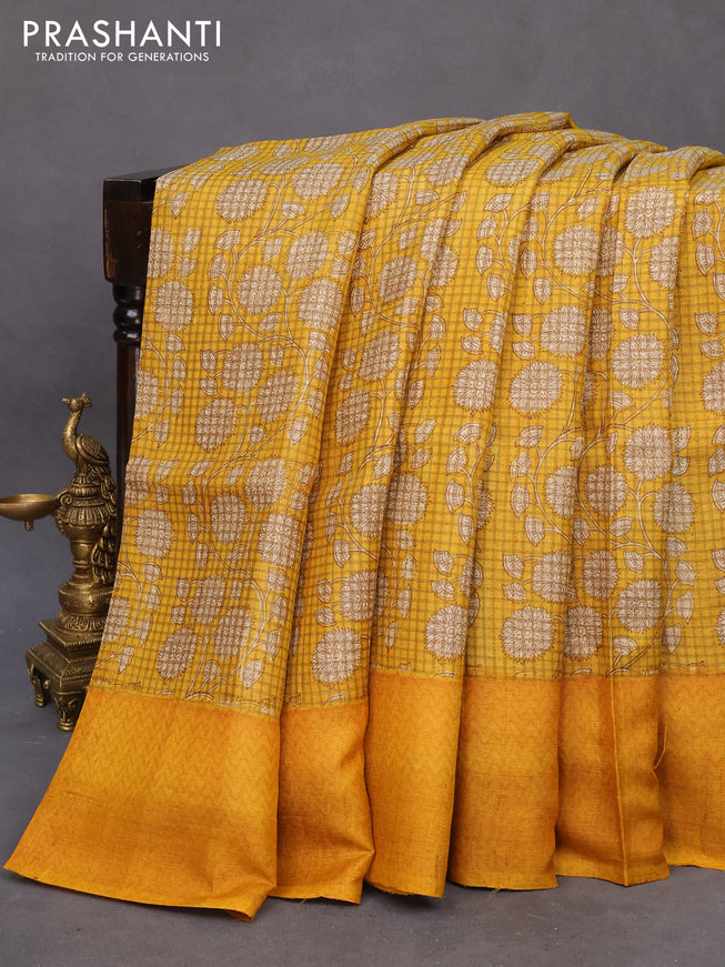 Pure tussar silk saree yellow and mustard yellow with allover floral prints and printed border