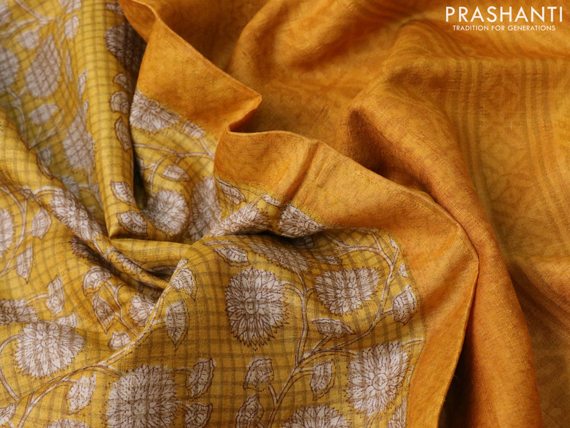 Pure tussar silk saree yellow and mustard yellow with allover floral prints and printed border