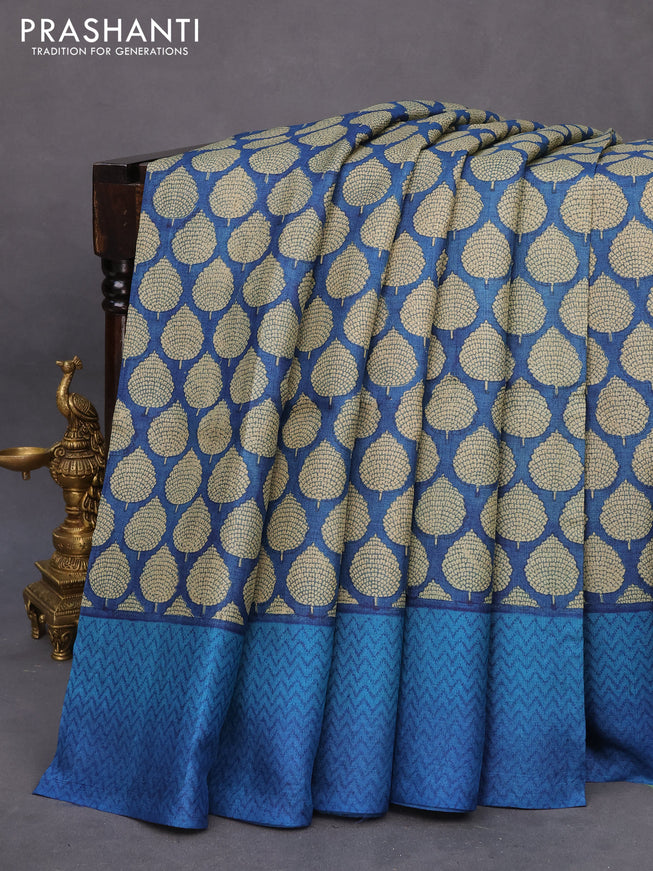 Pure tussar silk saree blue and cs blue with allover butta prints and printed border