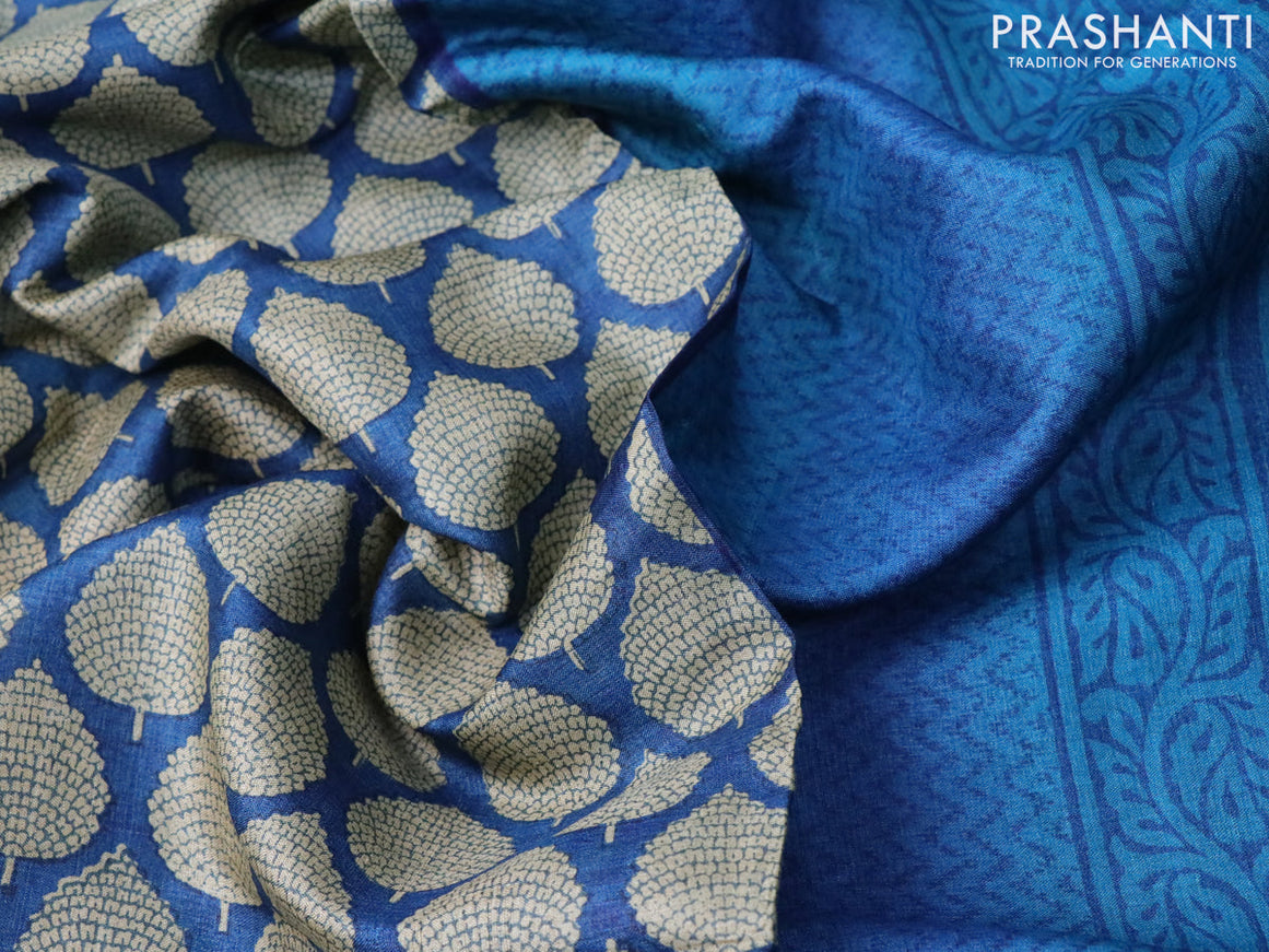 Pure tussar silk saree blue and cs blue with allover butta prints and printed border