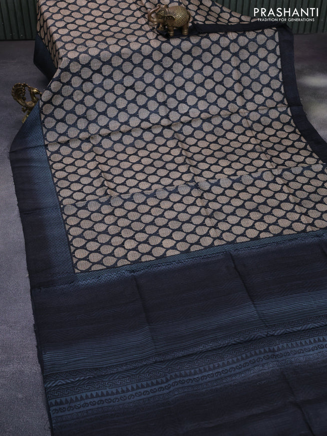 Pure tussar silk saree elephant grey and grey with allover butta prints and printed border