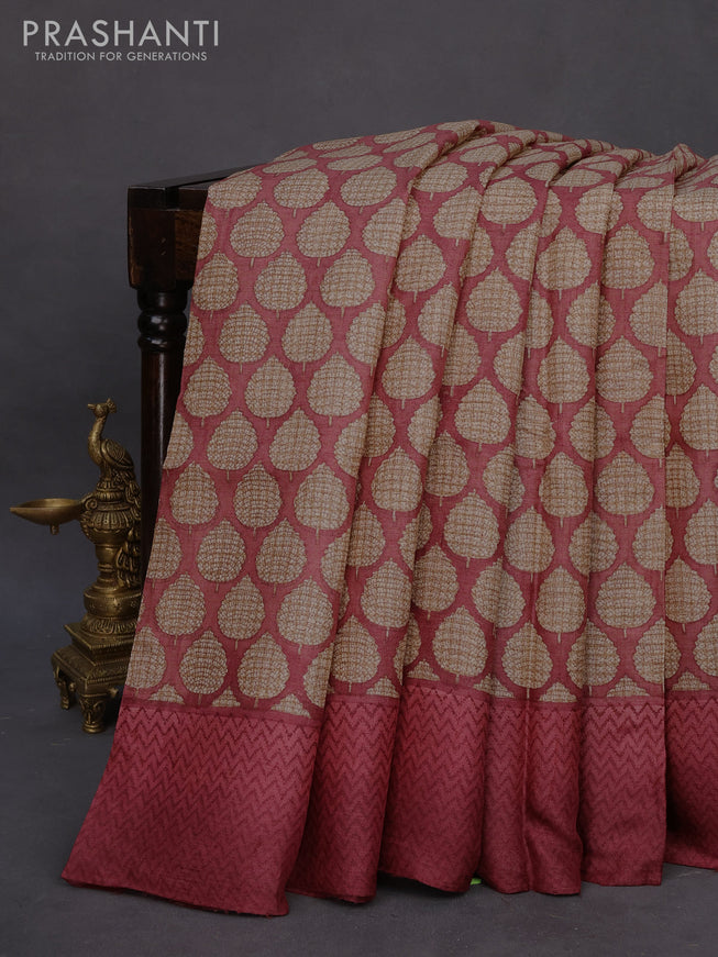 Pure tussar silk saree pastel maroon and maroon with allover butta prints and printed border