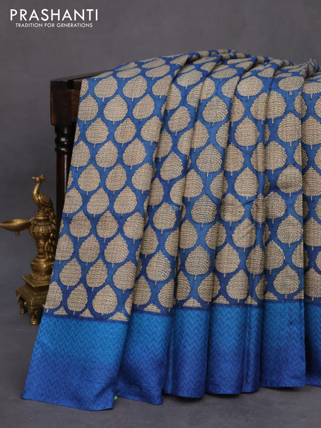 Pure tussar silk saree blue and cs blue with allover butta prints and printed border