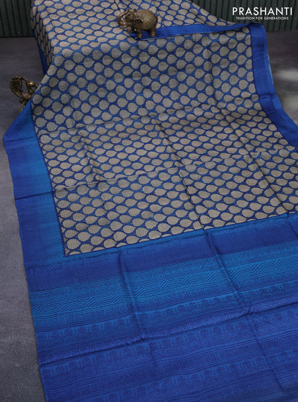 Pure tussar silk saree blue and cs blue with allover butta prints and printed border