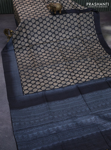 Pure tussar silk saree black and grey with allover butta prints and printed border