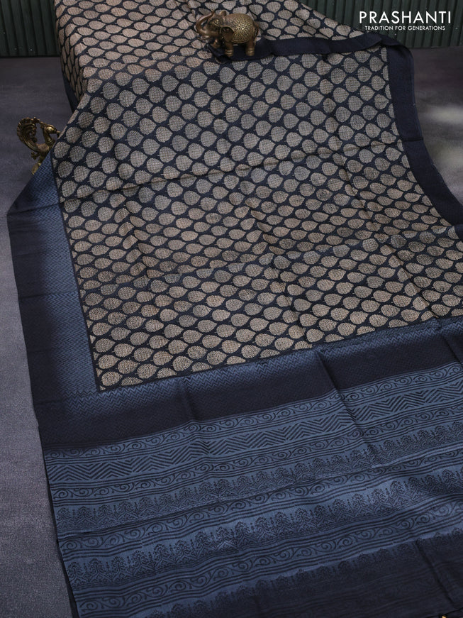 Pure tussar silk saree black and grey with allover butta prints and printed border