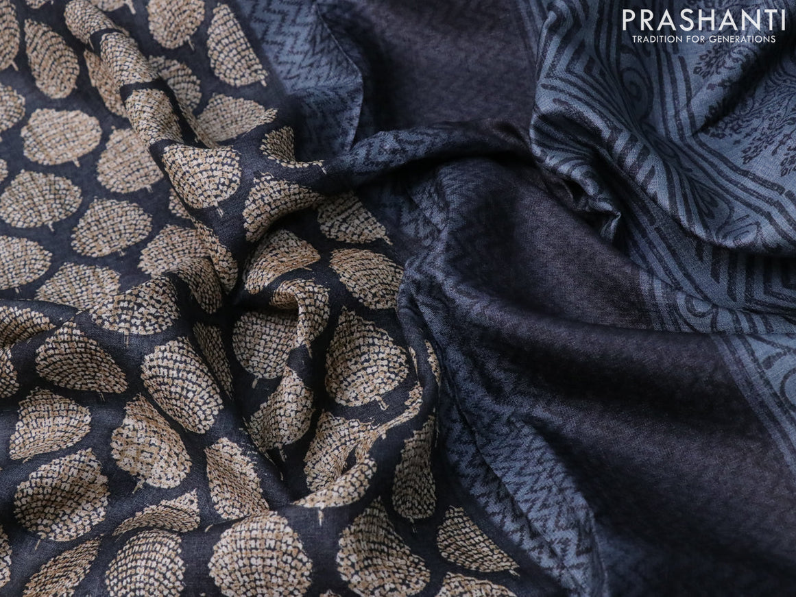 Pure tussar silk saree black and grey with allover butta prints and printed border