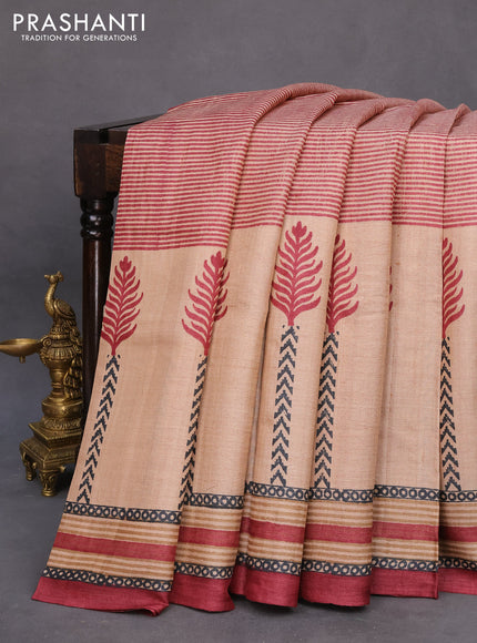 Pure tussar silk saree beige and maroon with allover prints and printed border