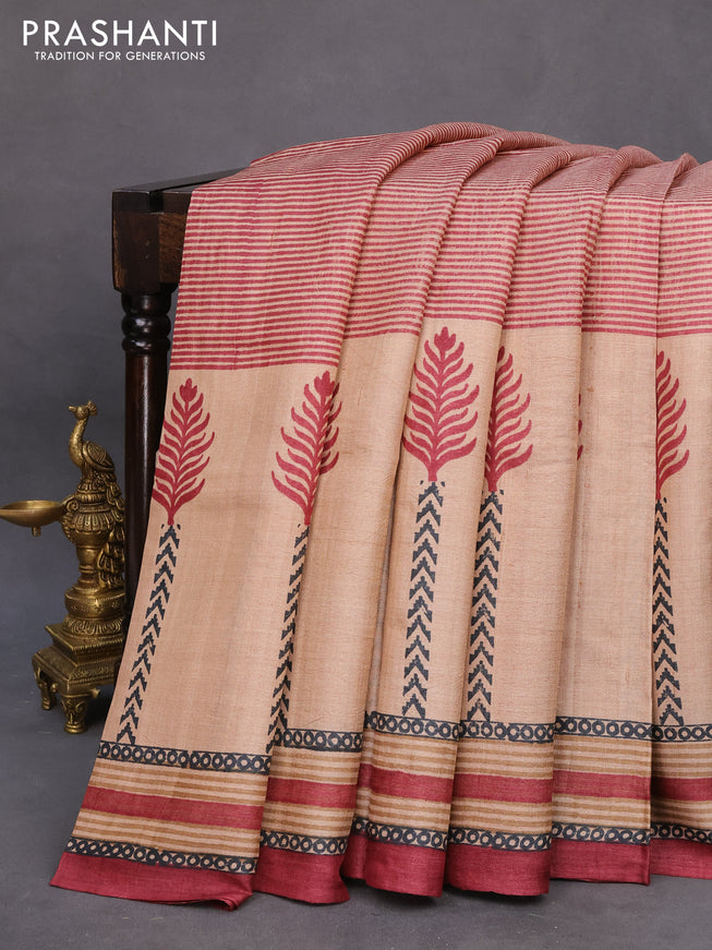 Pure tussar silk saree beige and maroon with allover prints and printed border