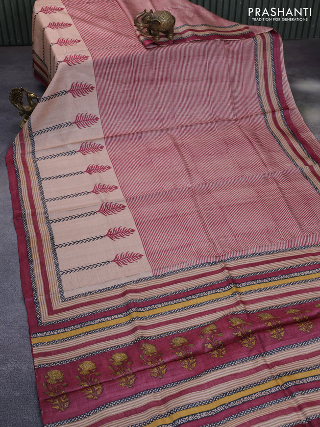 Pure tussar silk saree beige and maroon with allover prints and printed border