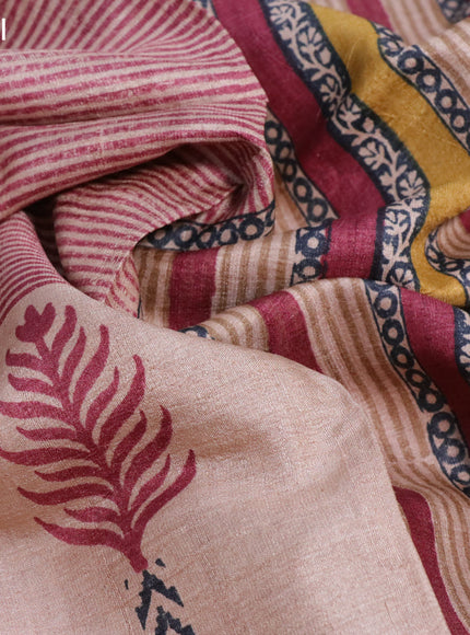 Pure tussar silk saree beige and maroon with allover prints and printed border