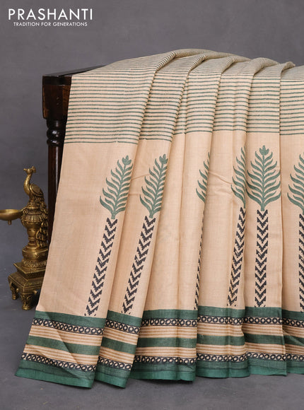 Pure tussar silk saree beige and green shade with allover prints and printed border