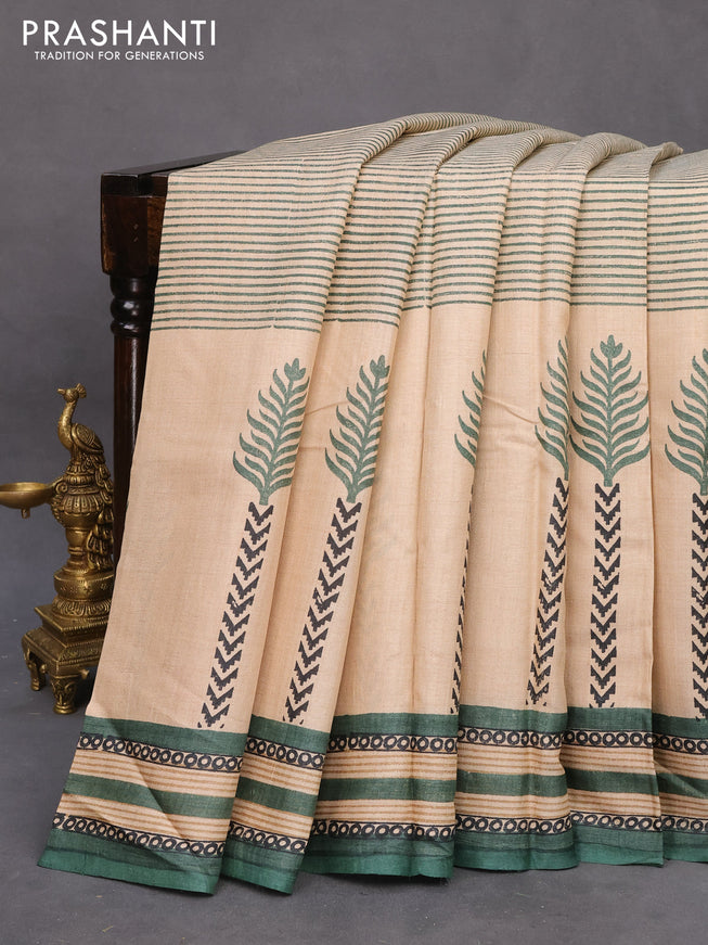 Pure tussar silk saree beige and green shade with allover prints and printed border