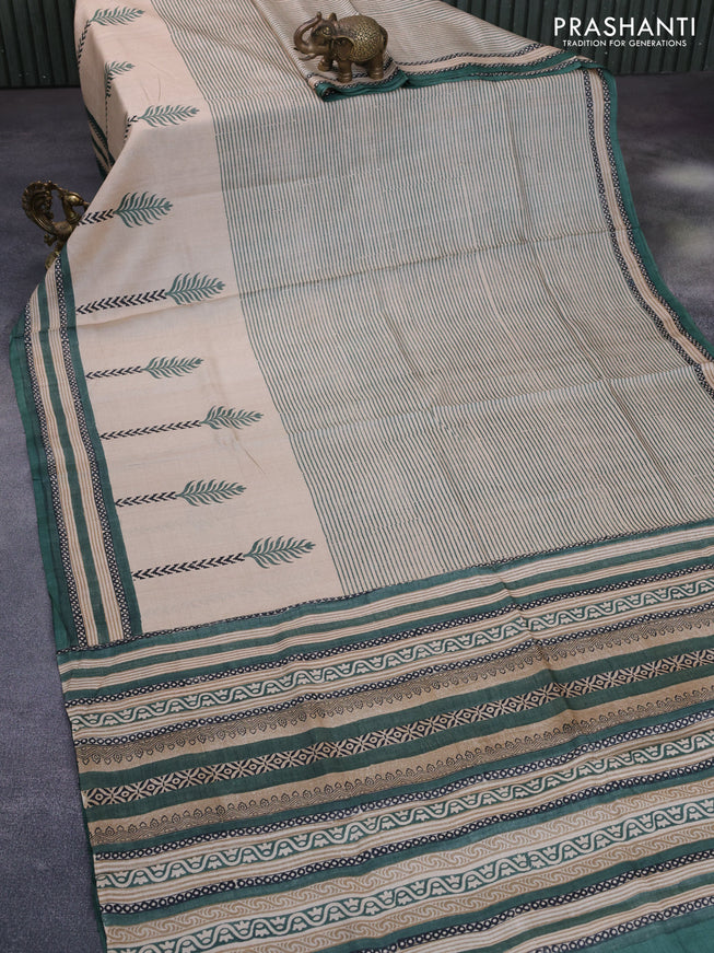 Pure tussar silk saree beige and green shade with allover prints and printed border