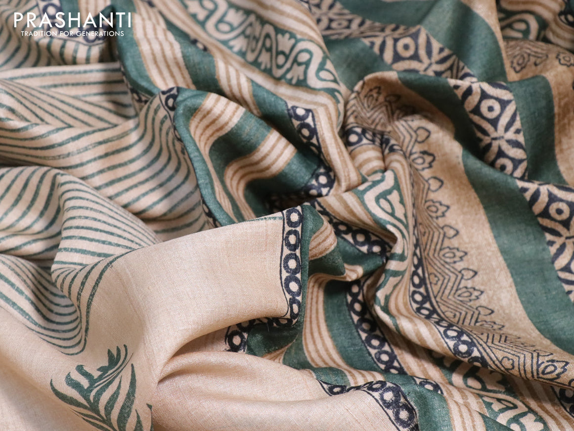 Pure tussar silk saree beige and green shade with allover prints and printed border