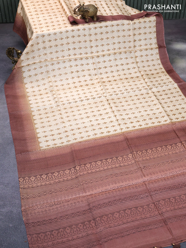 Pure tussar silk saree beige sandal and brown with allover geometric prints and printed border