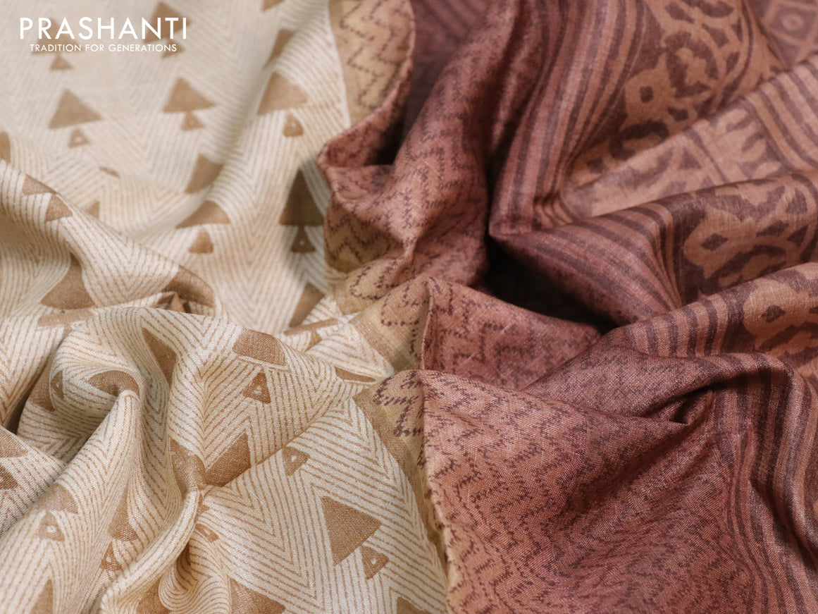 Pure tussar silk saree beige sandal and brown with allover geometric prints and printed border