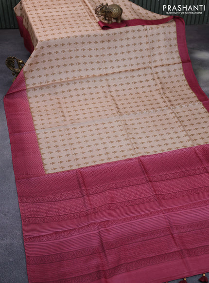 Pure tussar silk saree beige sandal and maroon shade with allover geometric prints and printed border