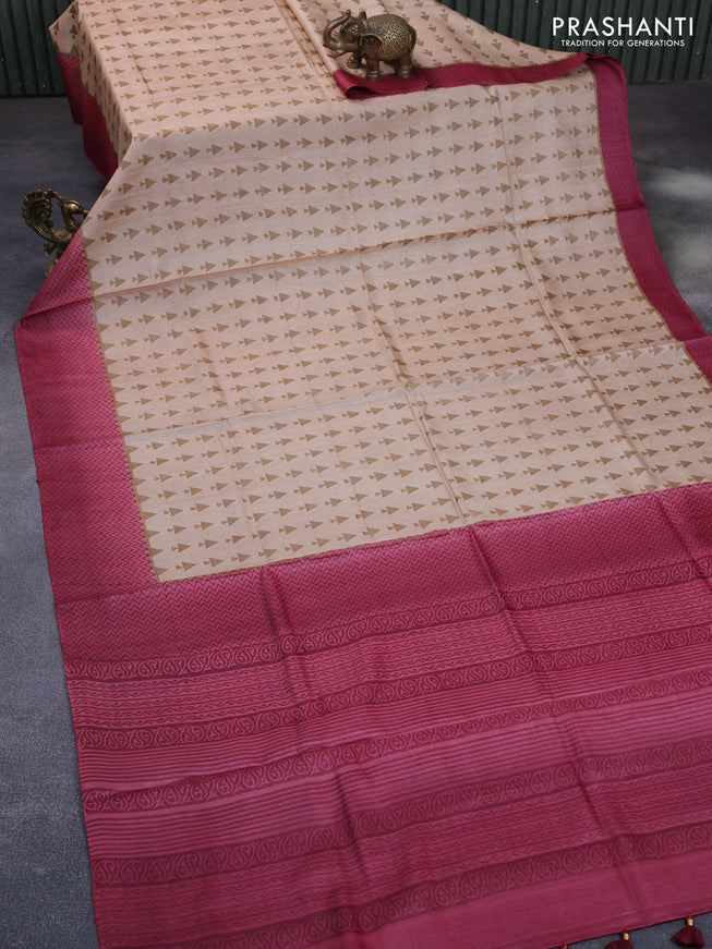 Pure tussar silk saree beige sandal and maroon shade with allover geometric prints and printed border