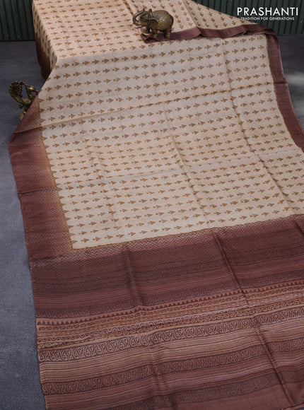 Pure tussar silk saree beige sandal and brown with allover geometric prints and printed border