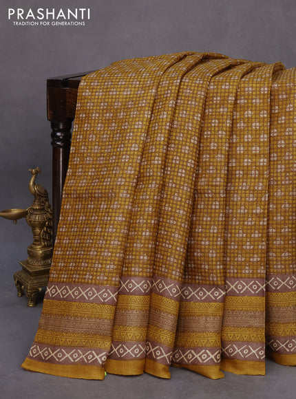 Pure tussar silk saree yellow and pastel brown with allover checked pattern & butta prints and printed border