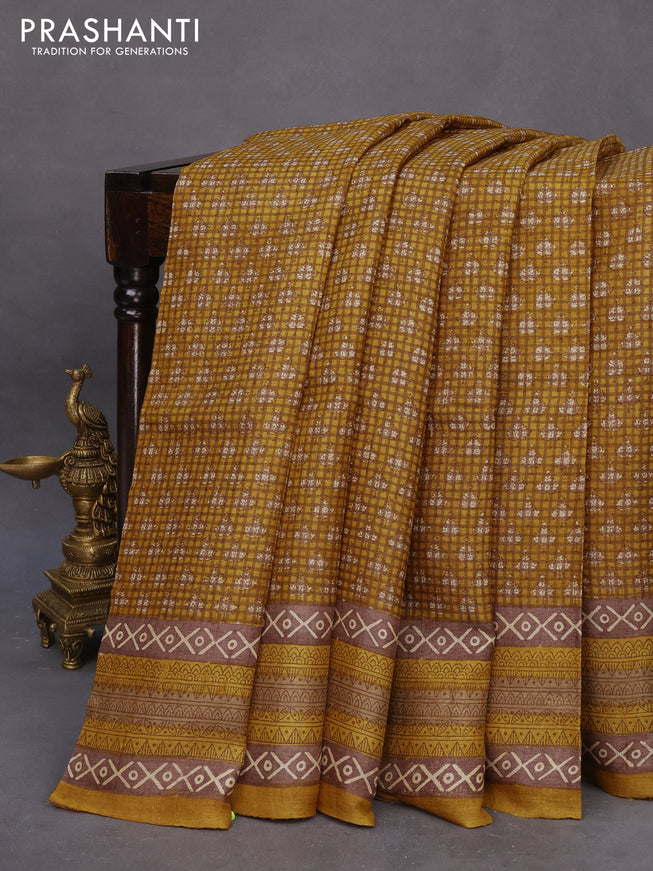 Pure tussar silk saree yellow and pastel brown with allover checked pattern & butta prints and printed border