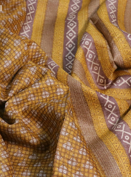 Pure tussar silk saree yellow and pastel brown with allover checked pattern & butta prints and printed border