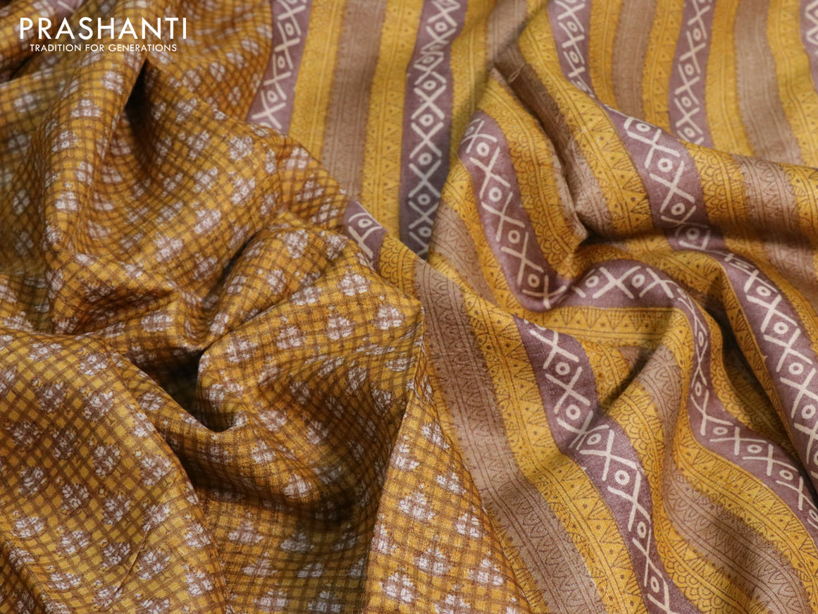 Pure tussar silk saree yellow and pastel brown with allover checked pattern & butta prints and printed border