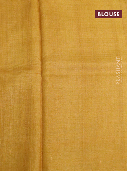 Pure tussar silk saree yellow and pastel brown with allover checked pattern & butta prints and printed border