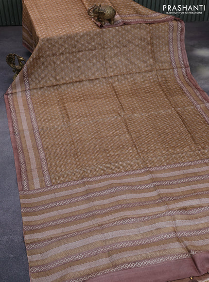 Pure tussar silk saree sandal and pastel brown with allover checked pattern & butta prints and printed border