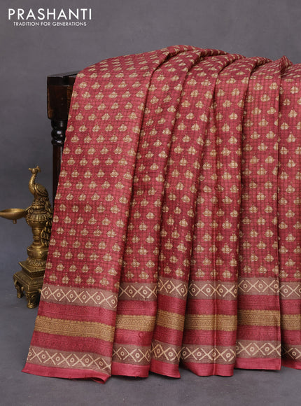 Pure tussar silk saree maroon and pastel brown with allover checked pattern & butta prints and printed border