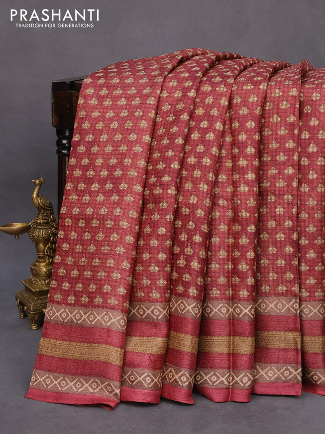 Pure tussar silk saree maroon and pastel brown with allover checked pattern & butta prints and printed border