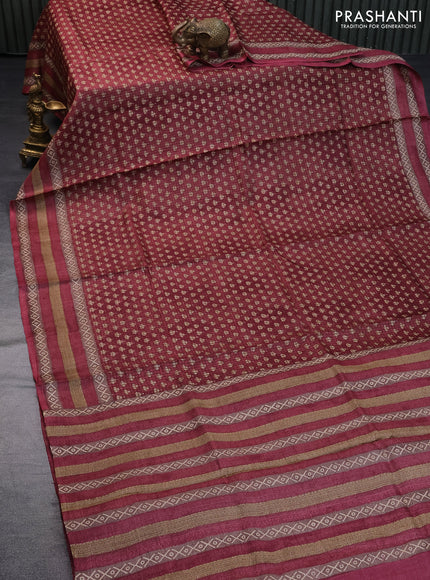 Pure tussar silk saree maroon and pastel brown with allover checked pattern & butta prints and printed border