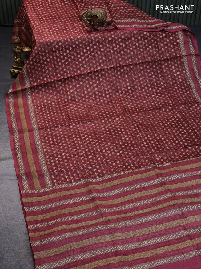 Pure tussar silk saree maroon and pastel brown with allover checked pattern & butta prints and printed border