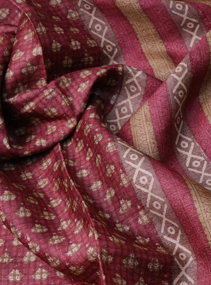 Pure tussar silk saree maroon and pastel brown with allover checked pattern & butta prints and printed border