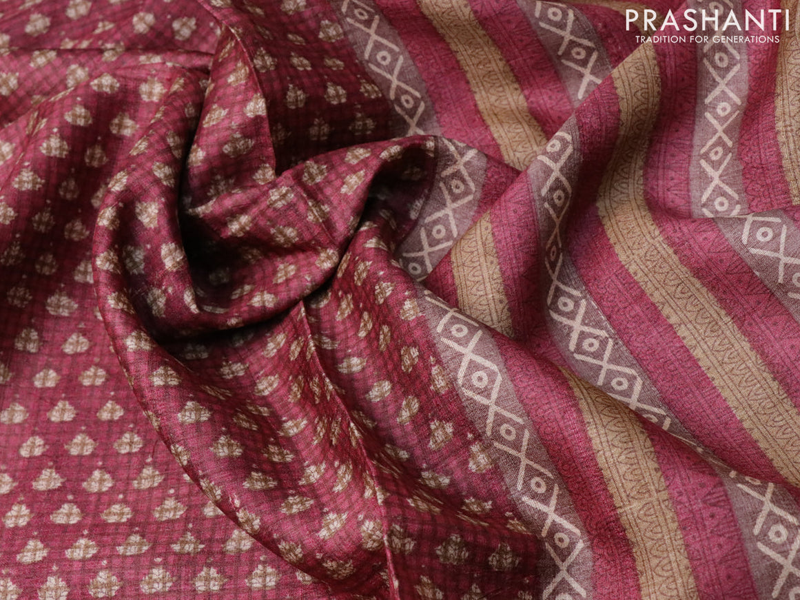 Pure tussar silk saree maroon and pastel brown with allover checked pattern & butta prints and printed border