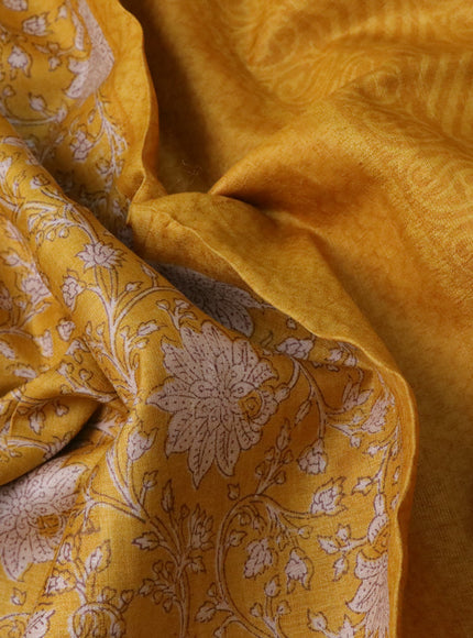 Pure tussar silk saree yellow with allover floral prints and printed border